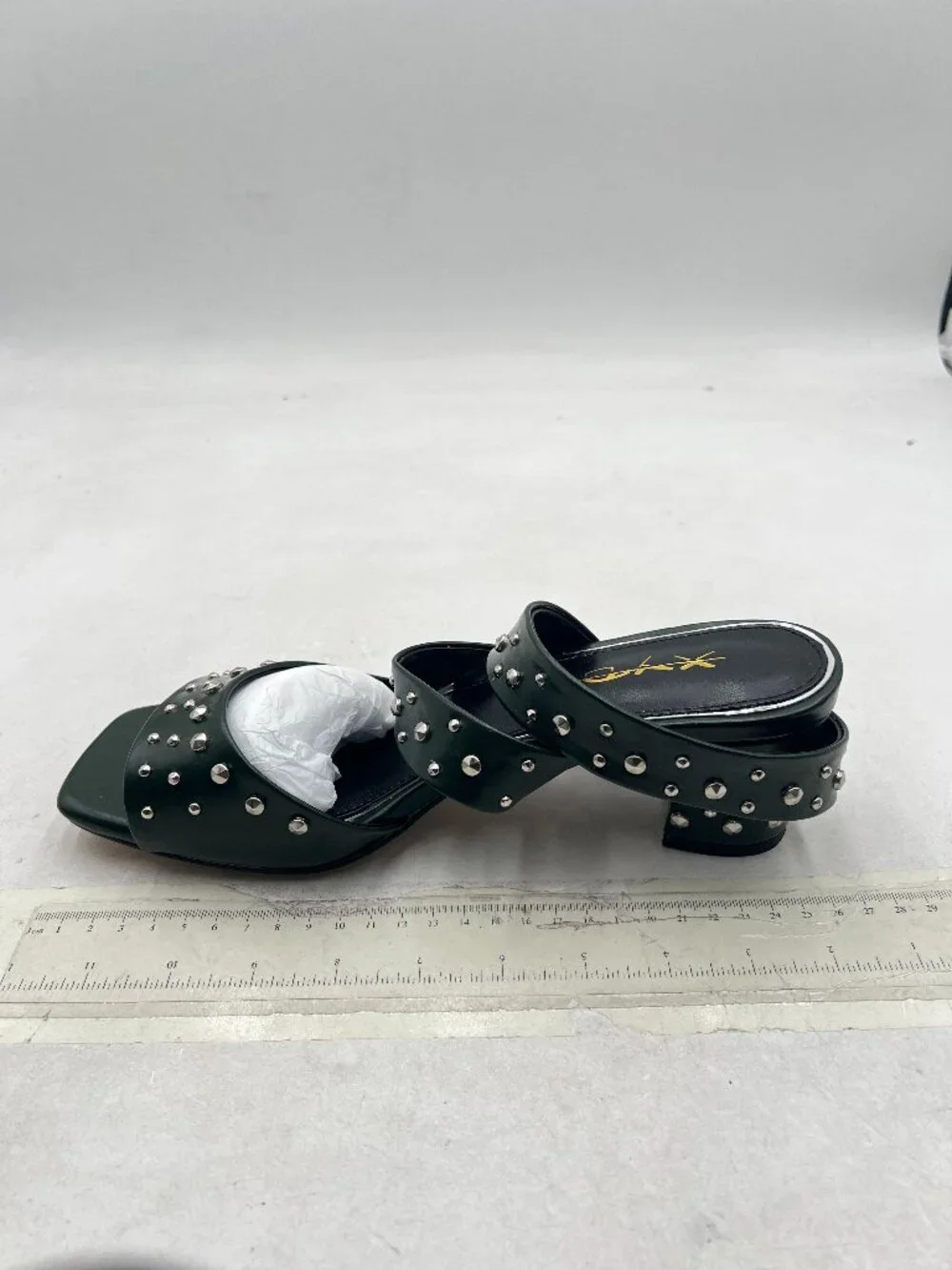 XYD Green Crossover Ankle Straps Block Mid Heel Sandals with Studs Open Toe Shoe